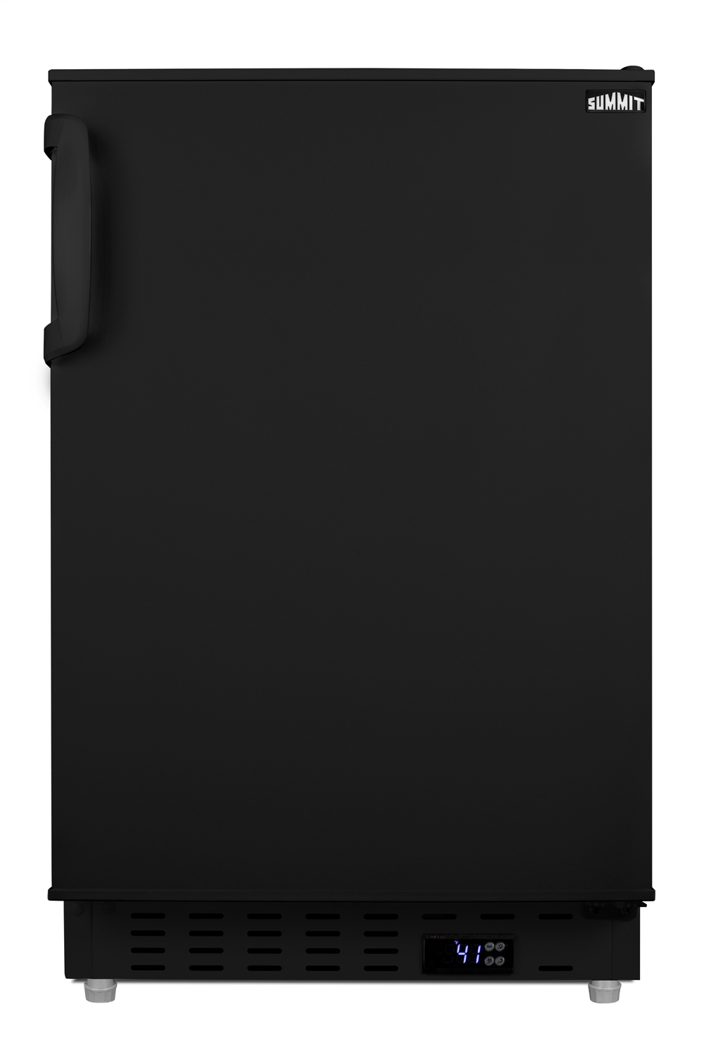 Built-in undercounter ADA compliant residential all-refrigerator in black with door storage and automatic defrost operation